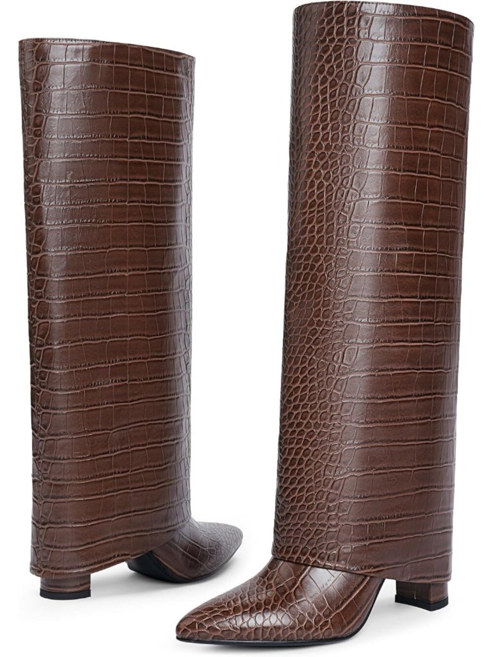 Women's Crocodile Brown Pointed Toe Chunky Heel Faux Leather Over The Knee Boots - Picture 6 of 6